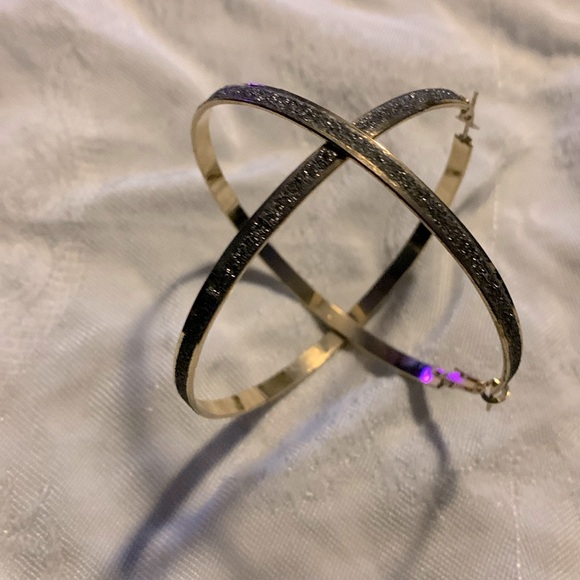 Gold Tone With Silver Shiny Center Hoop Earrings.      #011 - Picture 1 of 5